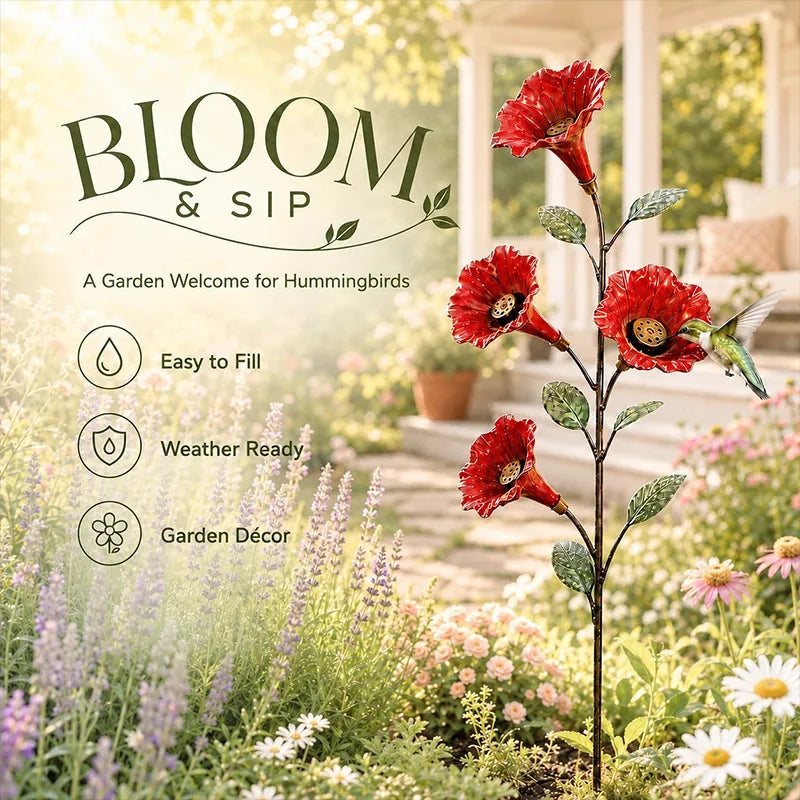 Hummingbird Feeder Stake Red Trumpet Flower Design