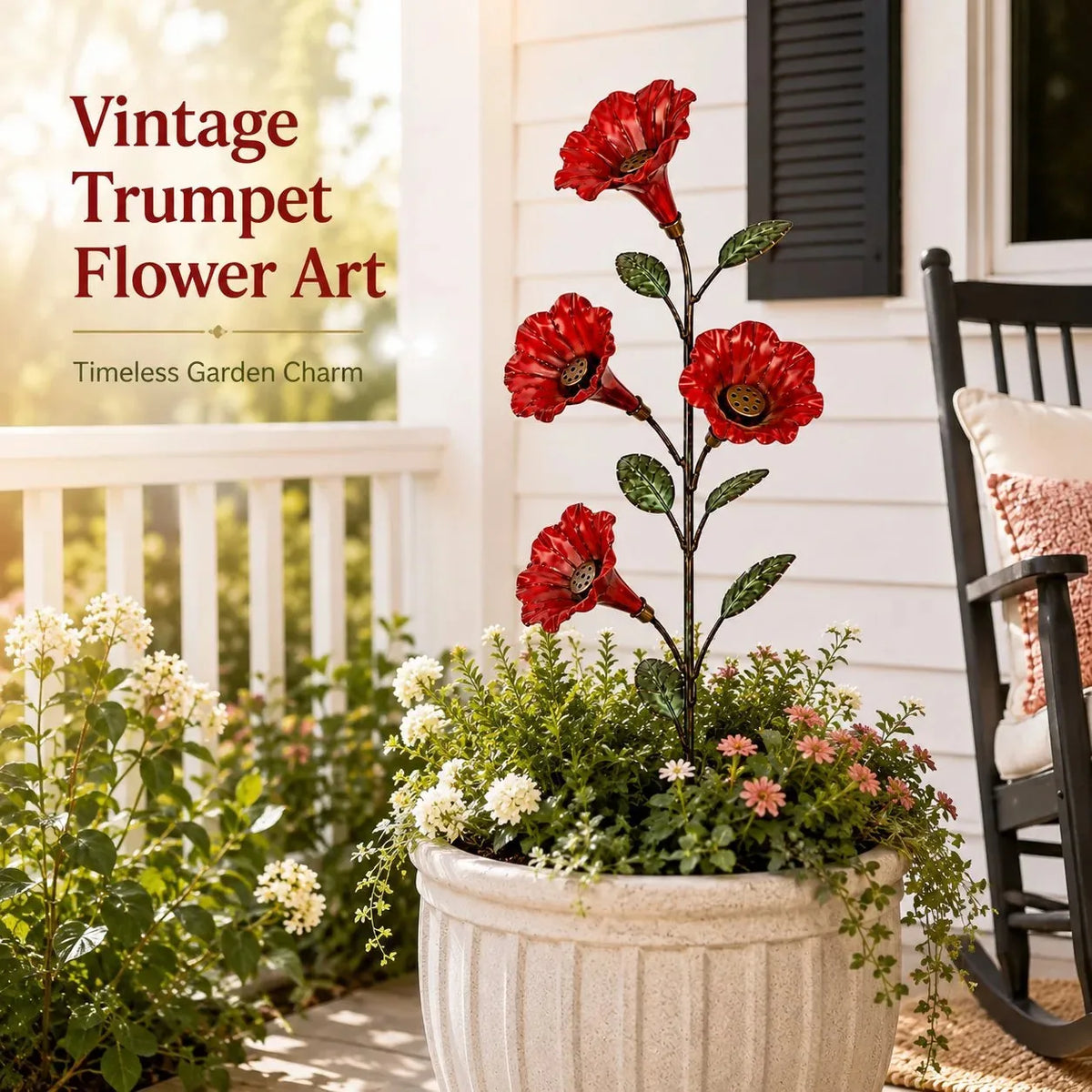 Hummingbird Feeder Stake Red Trumpet Flower Design