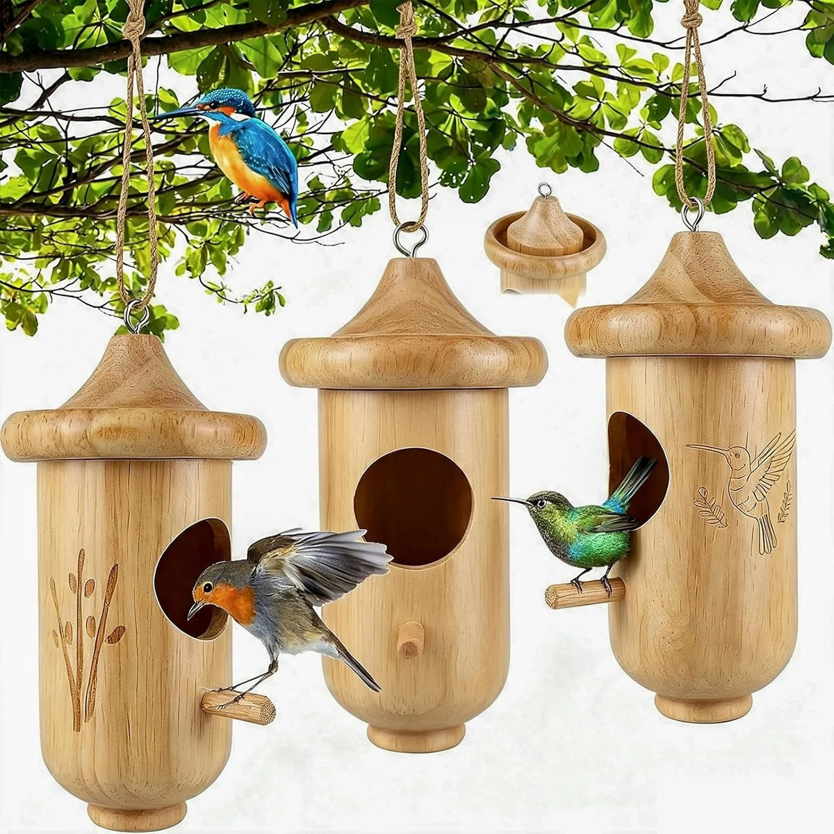 Hummingbird Nesting House Solid Pine Hinged Roof 3-Pack