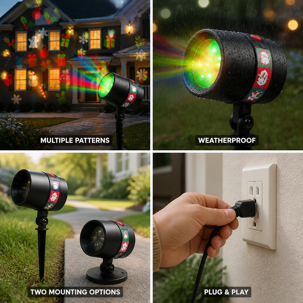 IP55 Waterproof 12-Pattern LED Laser Projector (Stake & Base Included)