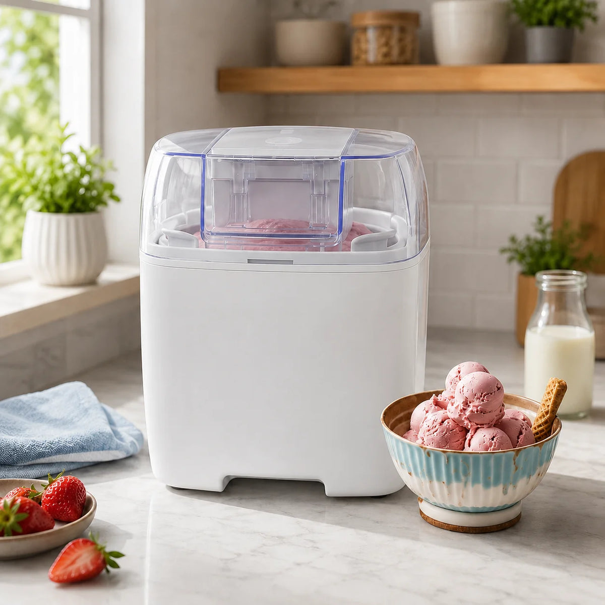 Ice Cream Maker Churns While Freezing 20-30 Min