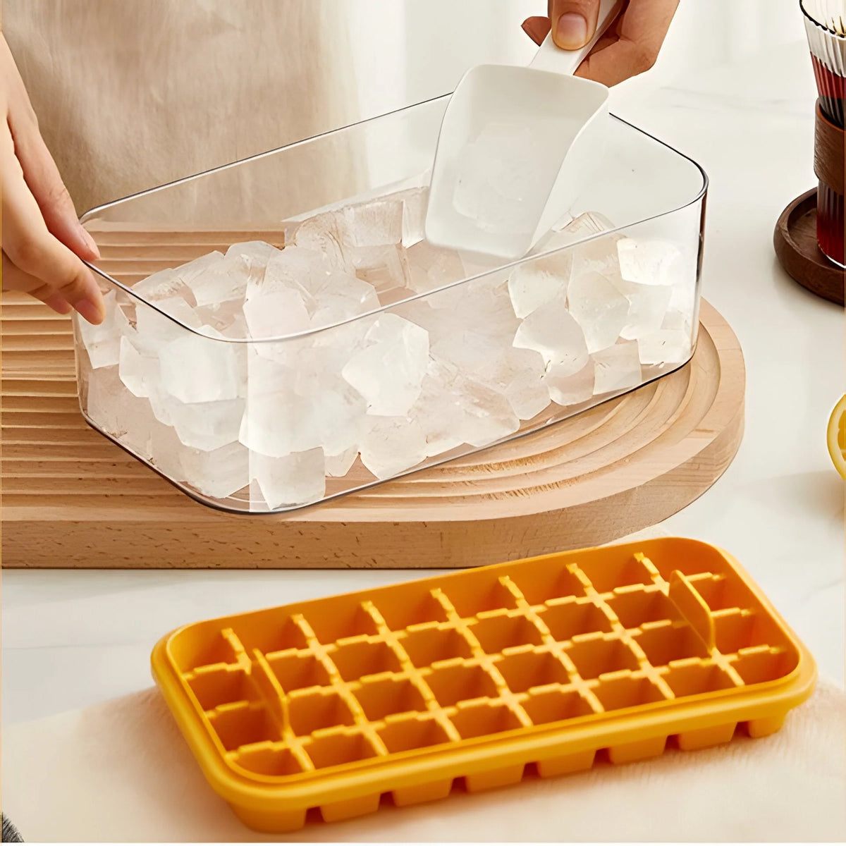Ice Tray System Push Release Storage & Scoop