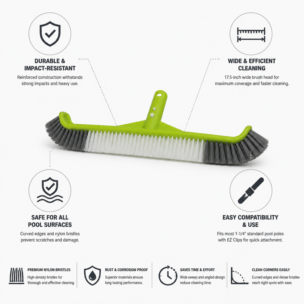 Impact-Resistant Curved-Edge Nylon-Bristle Pool Brush Head (17.5-Inch)