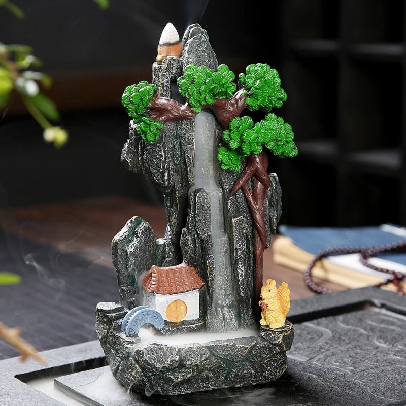 Incense Burner Ceramic Mountain Waterfall Design Cascading Smoke Effect