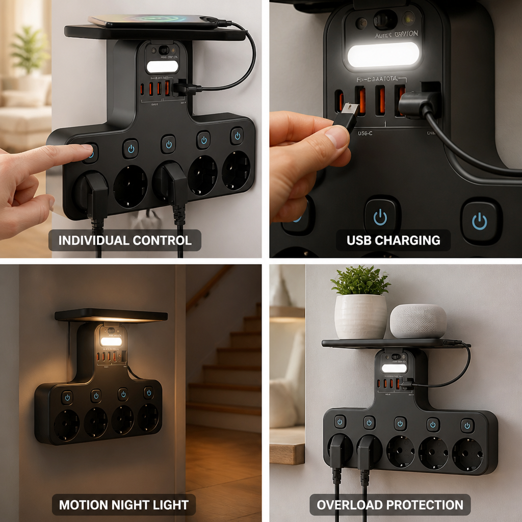 Individually Switchable 5-Outlet USB Wall Socket (Motion Night Light)