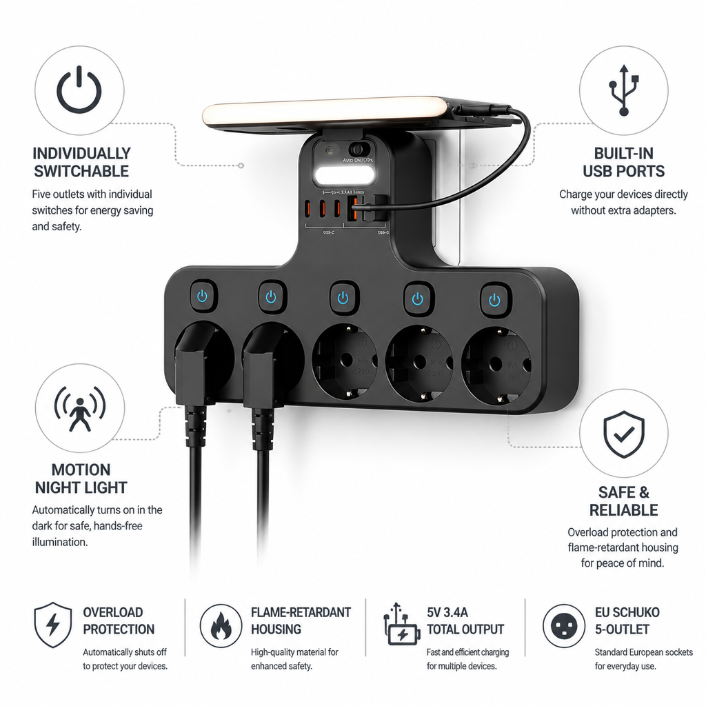 Individually Switchable 5-Outlet USB Wall Socket (Motion Night Light)