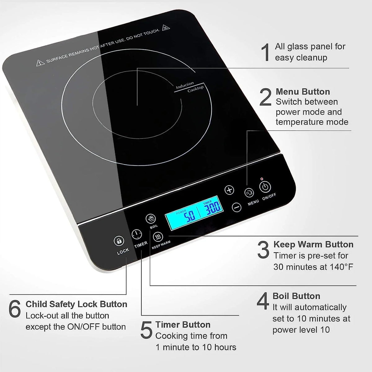 Induction Cooktop 1800W Touch LCD Auto-Pan Detection