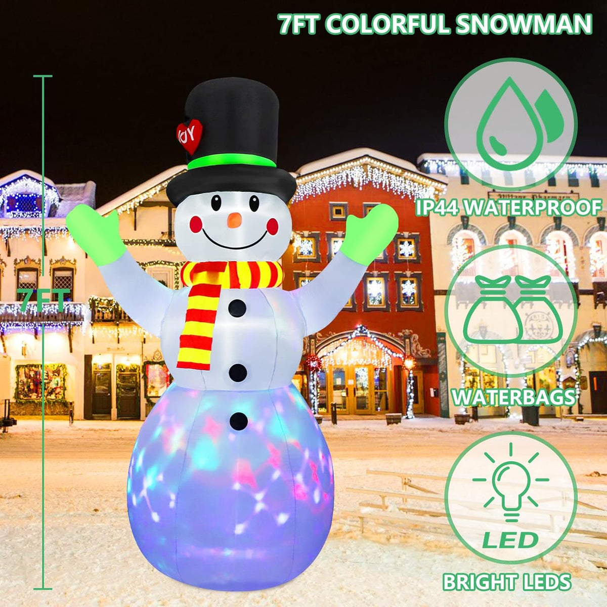 Inflatable Snowman LED-Lit Weather-Resistant 7 Ft Tall