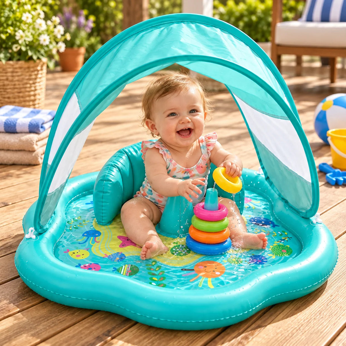 Inflatable Water Mat Built-In UPF 50 Sunshade
