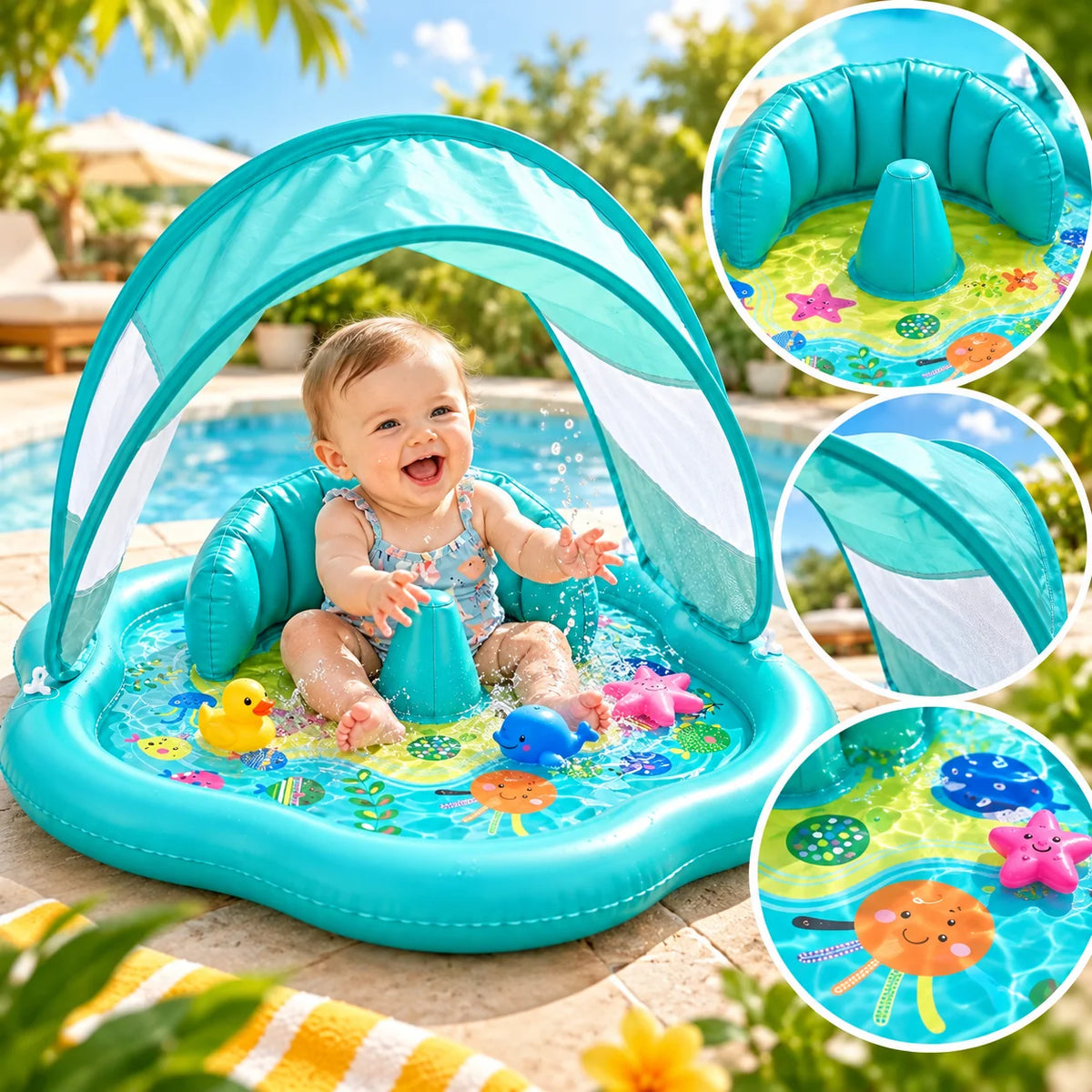 Inflatable Water Mat Built-In UPF 50 Sunshade