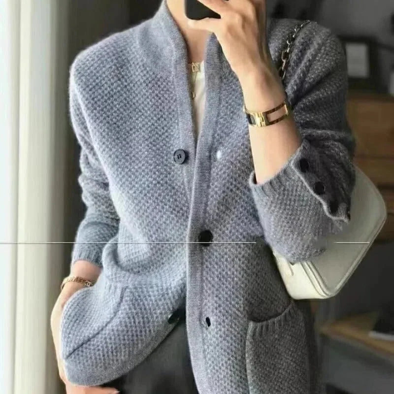 Insulated Sweater Jacket Thick Knit High Collar & Front Pockets