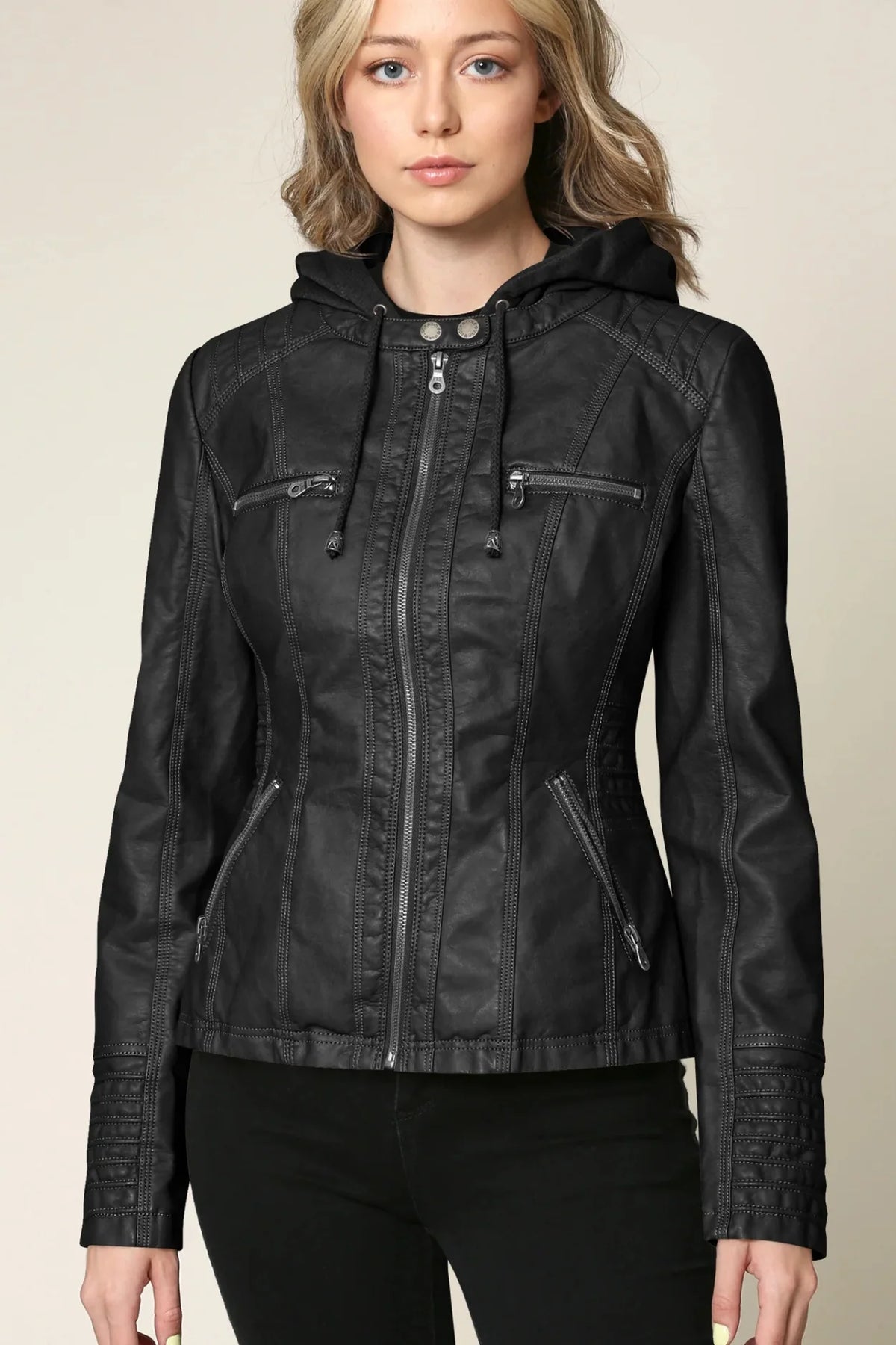 Jacket Faux Leather Weather-Resistant Removable Hood