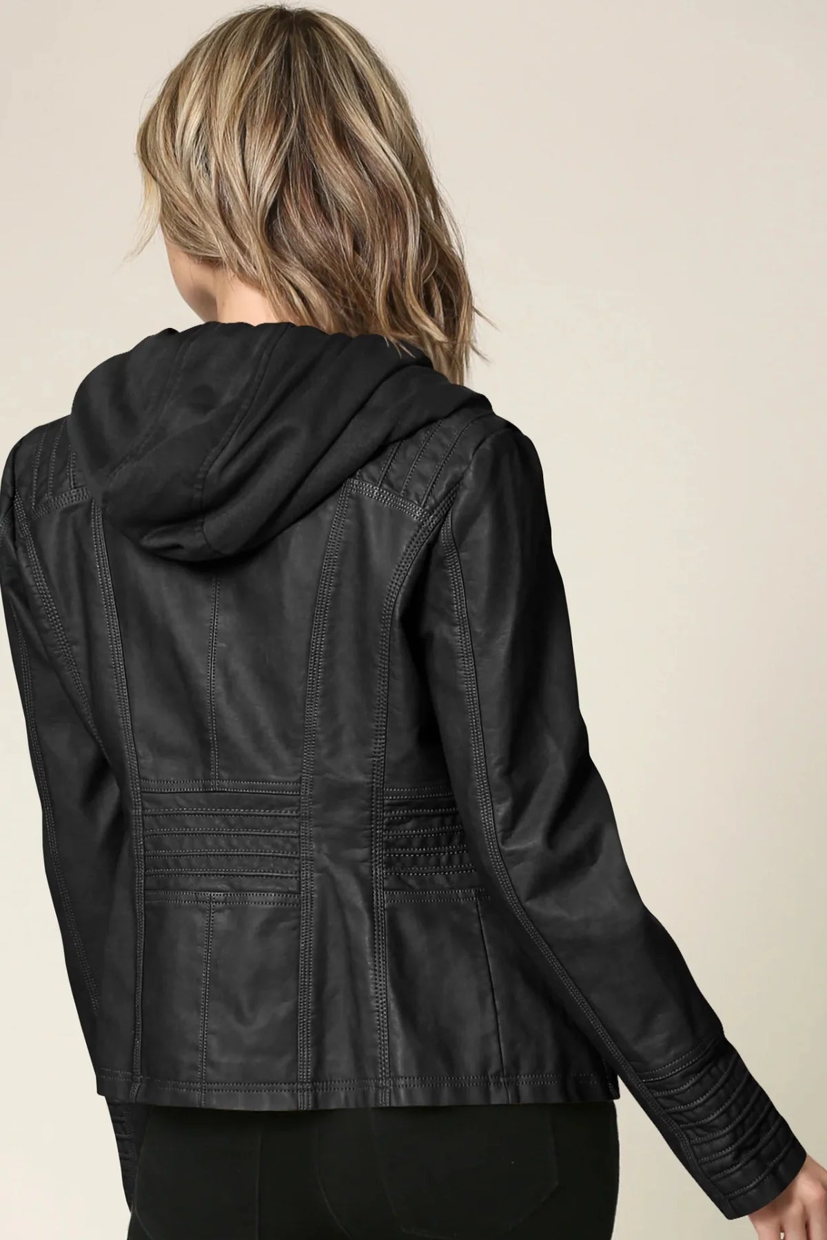 Jacket Faux Leather Weather-Resistant Removable Hood
