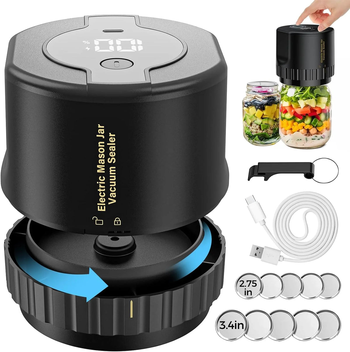 Jar Vacuum Sealer Cordless Rechargeable One-Touch