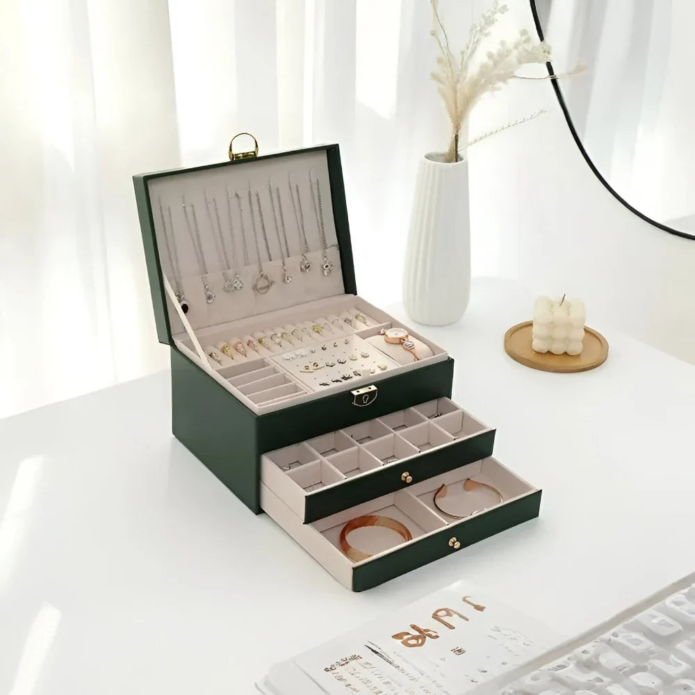 Jewellery Box Lift-Out Layers Textured Leather-Look & Soft Lining
