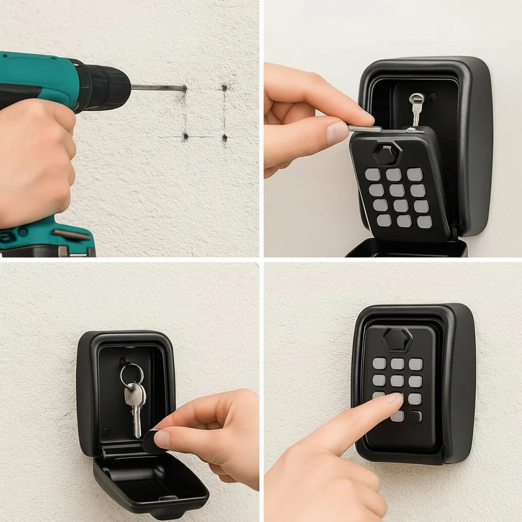 Key Lock Box Wall-Mounted Weather-Resistant 4-Wheel Combination