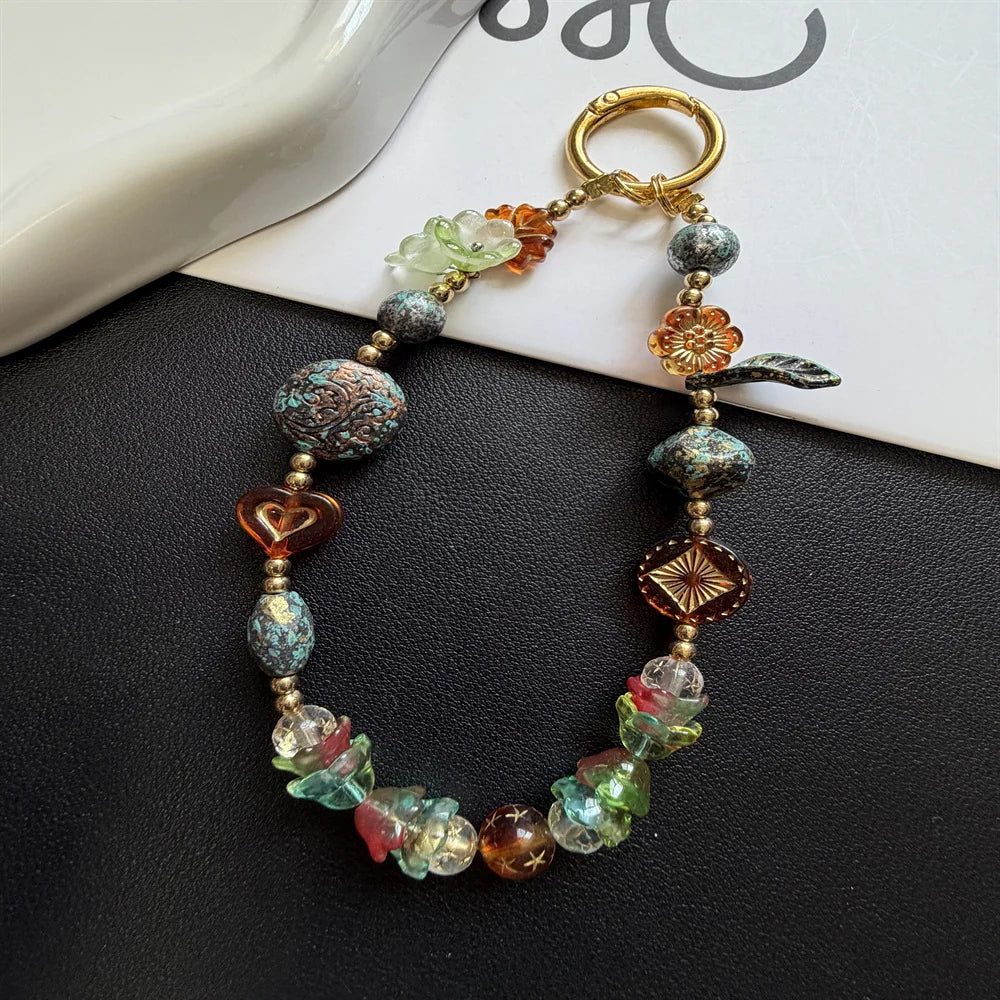 Keychain Colorful Beads Floral & Heart Charms