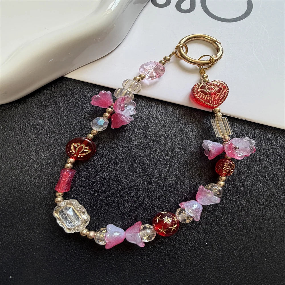 Keychain Colorful Beads Floral & Heart Charms