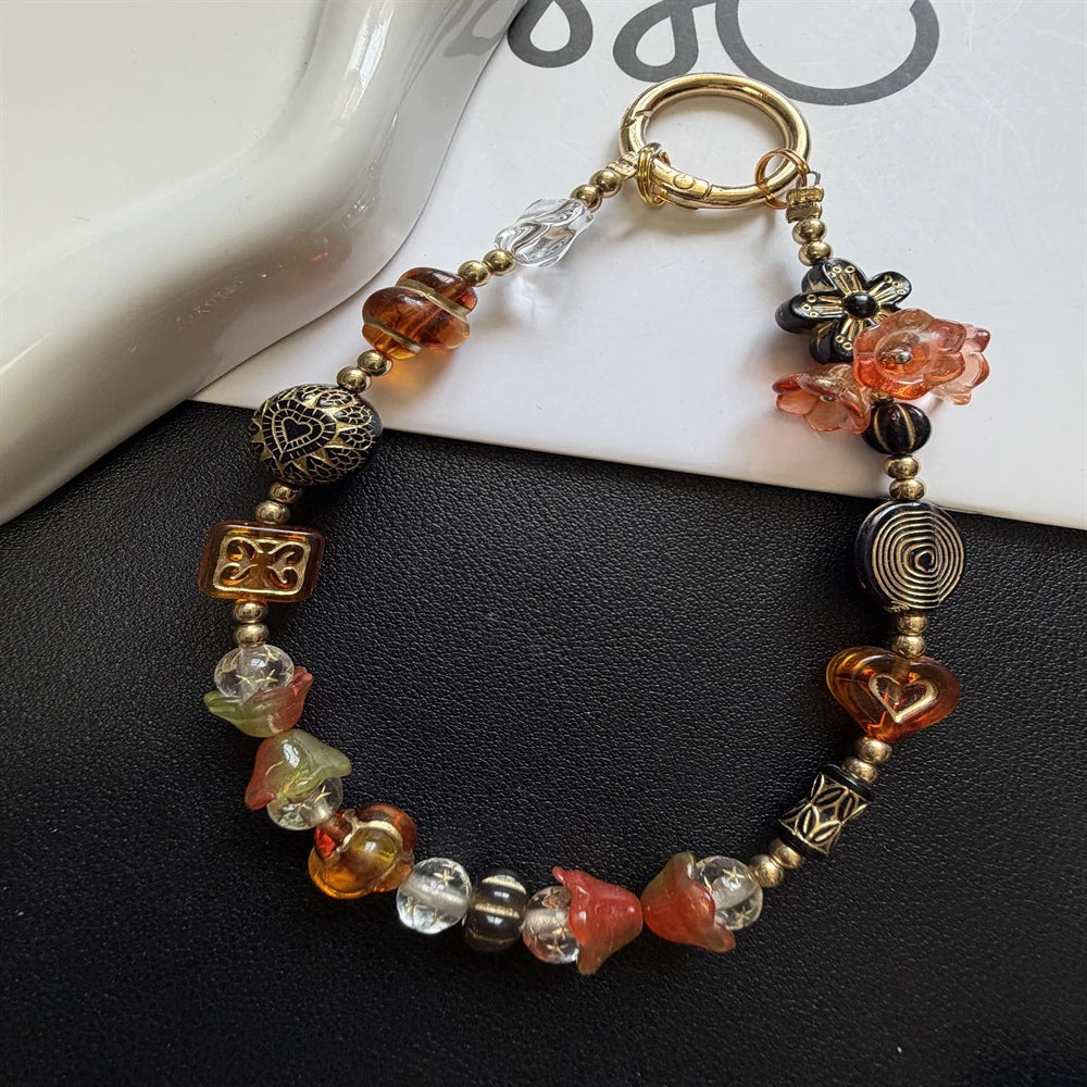 Keychain Colorful Beads Floral & Heart Charms