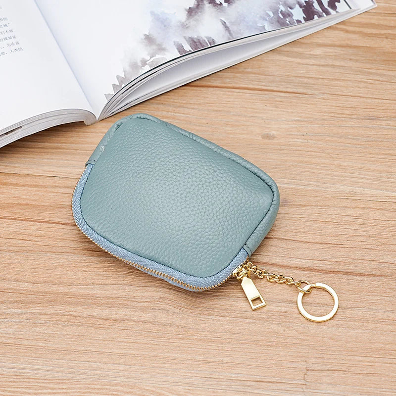 Keychain Pouch Leather Zipper Closure Compact Storage