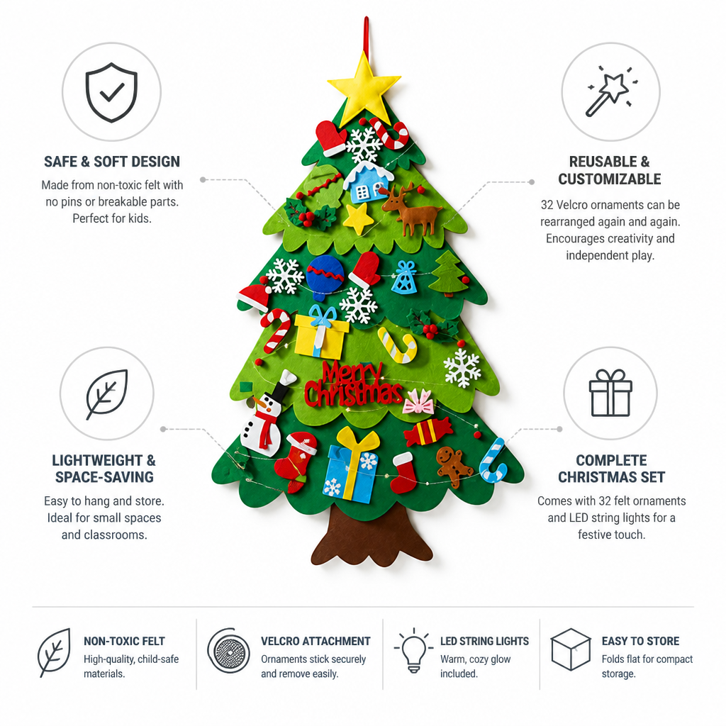 Kid-Safe Velcro Ornament Felt Christmas Tree (98×70 cm)