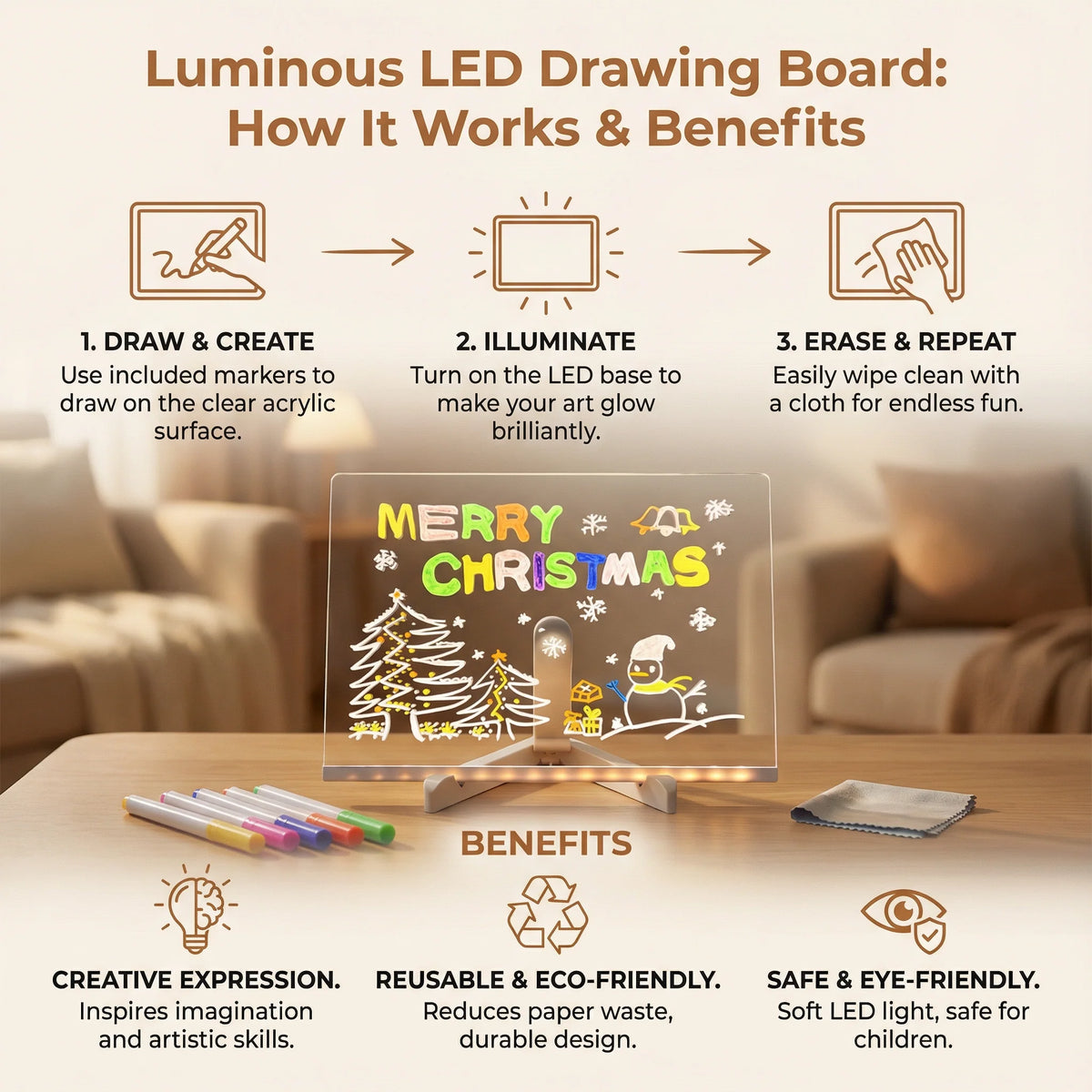 Kids Drawing Board LED Wipe Clean USB Rechargeable