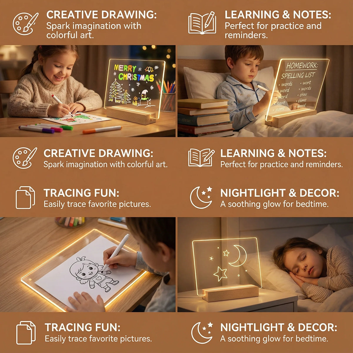 Kids Drawing Board LED Wipe Clean USB Rechargeable