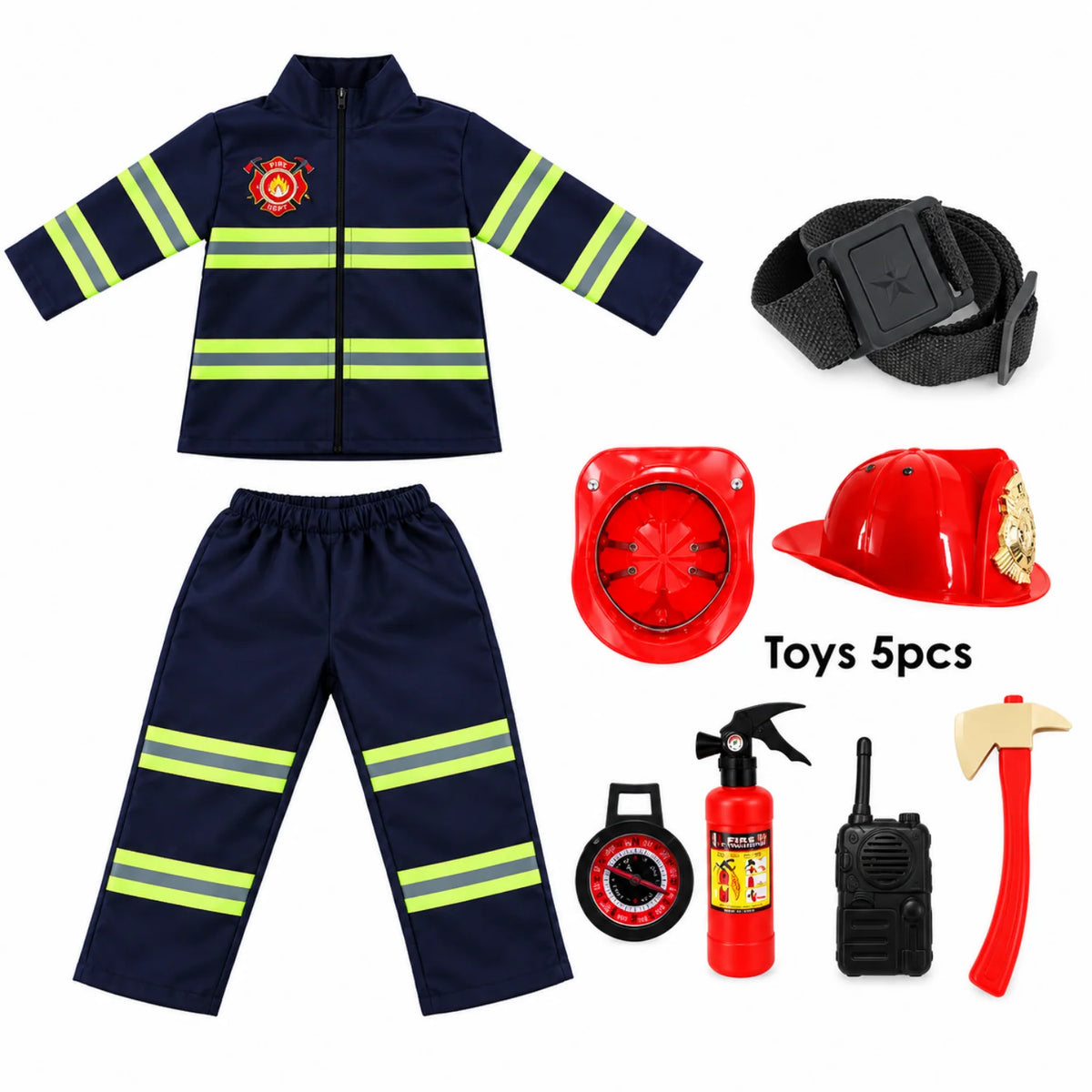 Kids Firefighter Costume Lightweight Polyester Zipper Front & Accessory Options