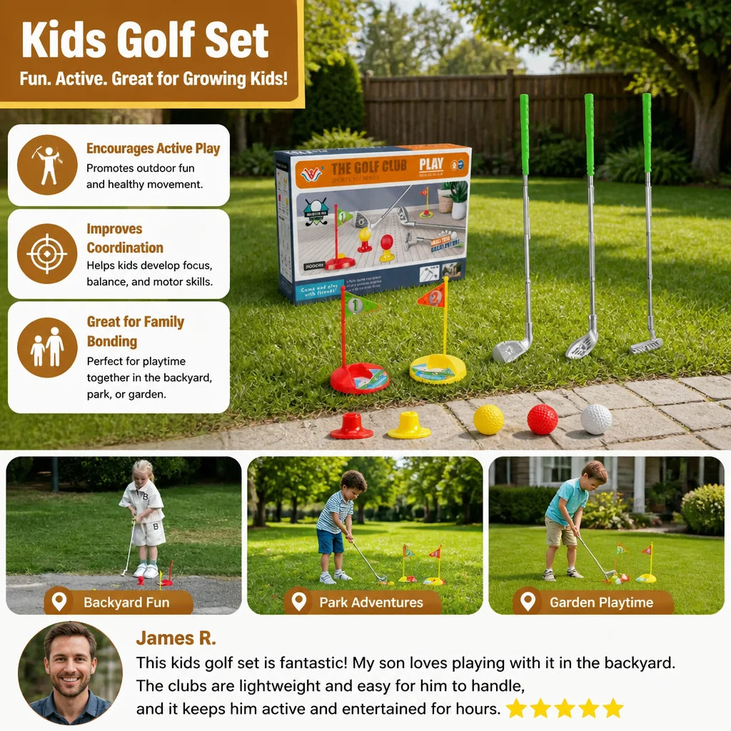 Kids Golf Set Height-Adjustable Clubs Flags & Balls