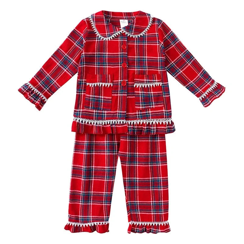 Kids Pajama Set Polyester Velvet Top Plaid Pants Elastic Waistband