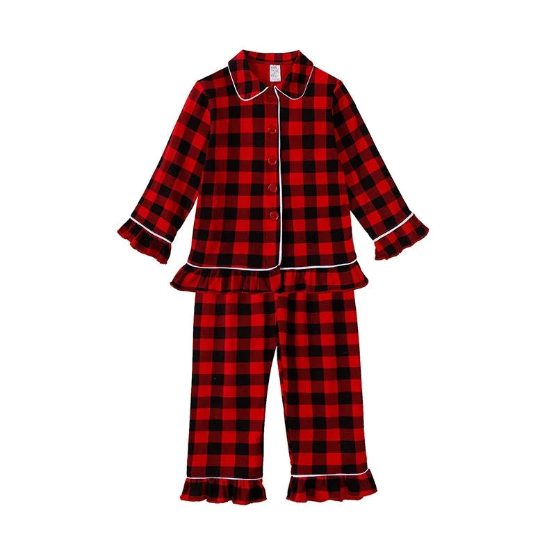 Kids Pajama Set Polyester Velvet Top Plaid Pants Elastic Waistband