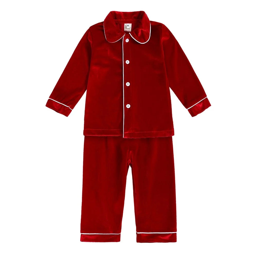 Kids Pajama Set Polyester Velvet Top Plaid Pants Elastic Waistband