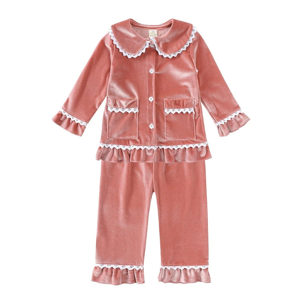 Kids Pajama Set Polyester Velvet Top Plaid Pants Elastic Waistband