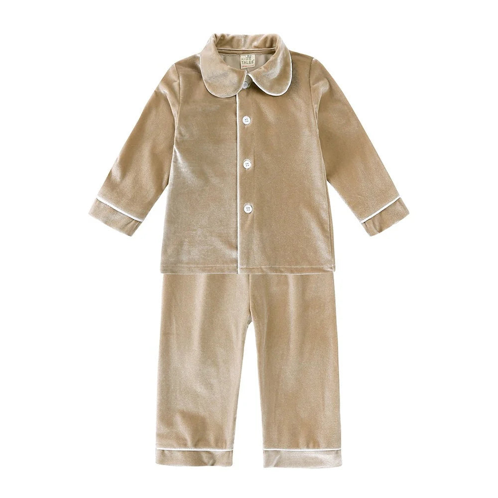 Kids Pajama Set Polyester Velvet Top Plaid Pants Elastic Waistband