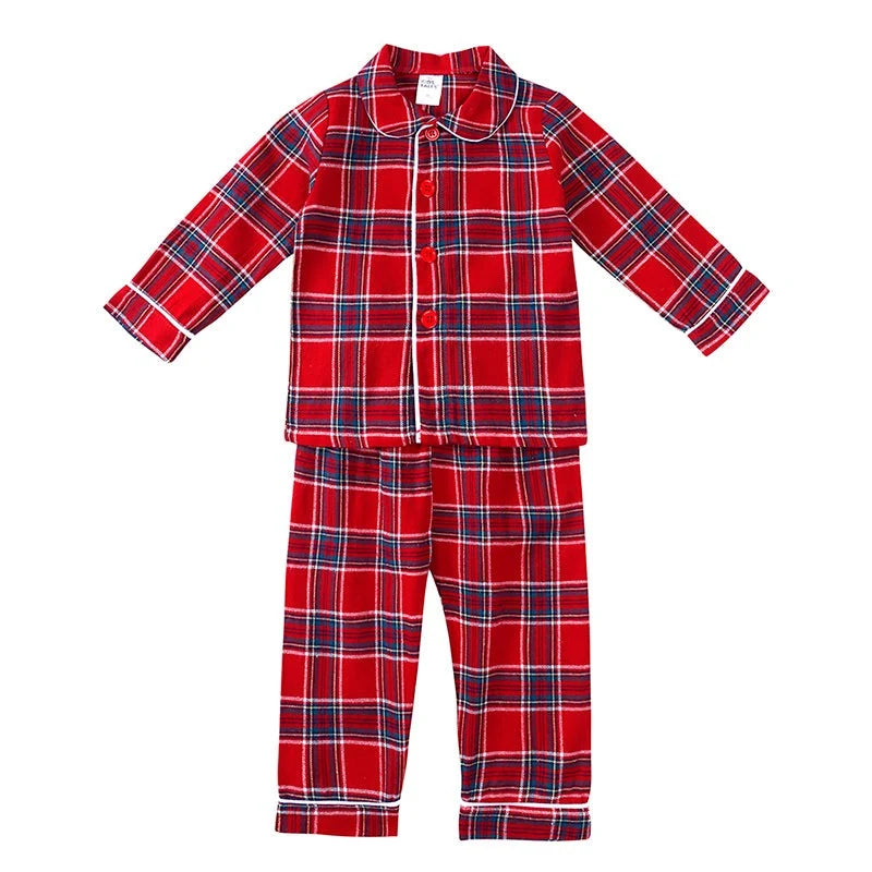 Kids Pajama Set Polyester Velvet Top Plaid Pants Elastic Waistband