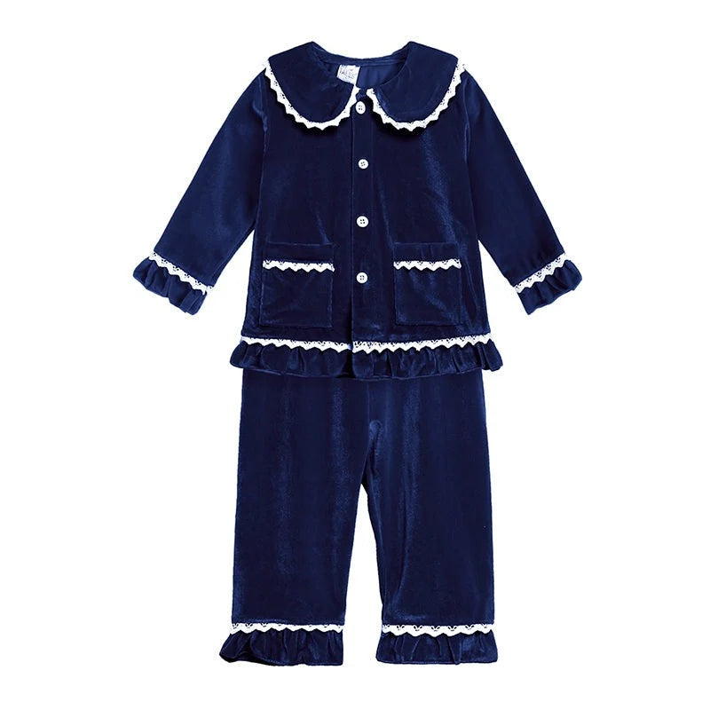 Kids Pajama Set Polyester Velvet Top Plaid Pants Elastic Waistband