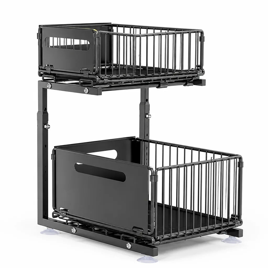 Kitchen Cabinet Organizer 2-Tier Pull-Out Baskets Height-Adjustable Steel Frame