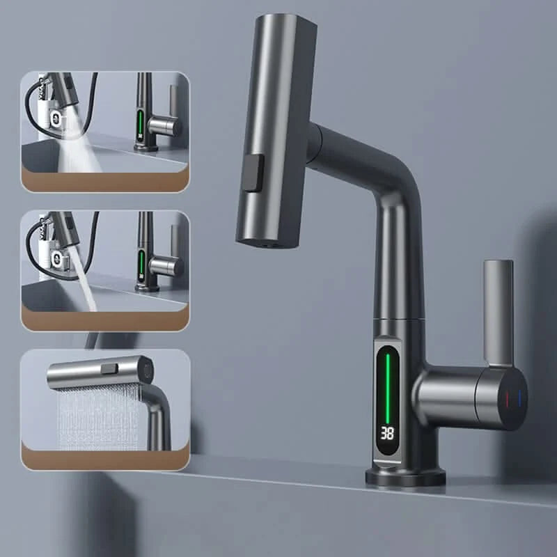 Kitchen Faucet 360° Swivel Pull-Out Sprayer LED Temperature Display