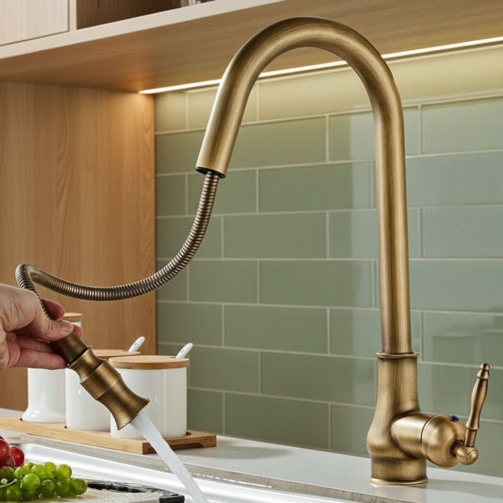 Kitchen Faucet Brass High-Arc Pull-Out Spray Head Antique Finish