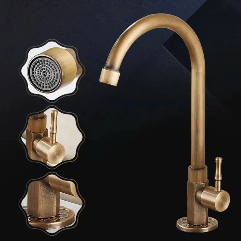 Kitchen Faucet Gooseneck Antique Brass Finish Single-Hole Installation