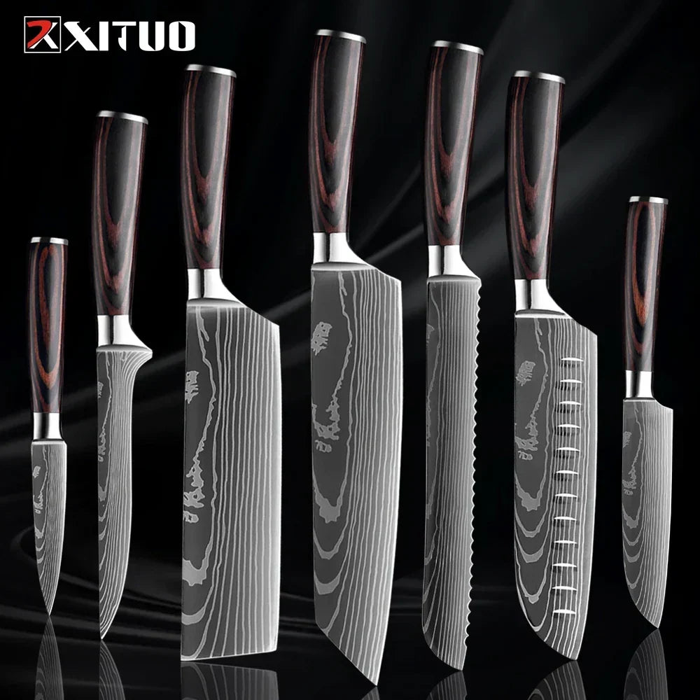 Kitchen Knife Set Forged Stainless Steel Blades Ergonomic Wooden Handles