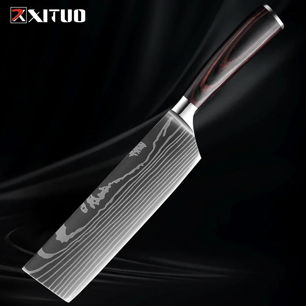 Kitchen Knife Set Forged Stainless Steel Blades Ergonomic Wooden Handles