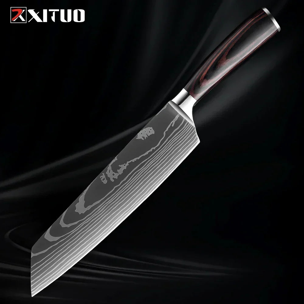 Kitchen Knife Set Forged Stainless Steel Blades Ergonomic Wooden Handles