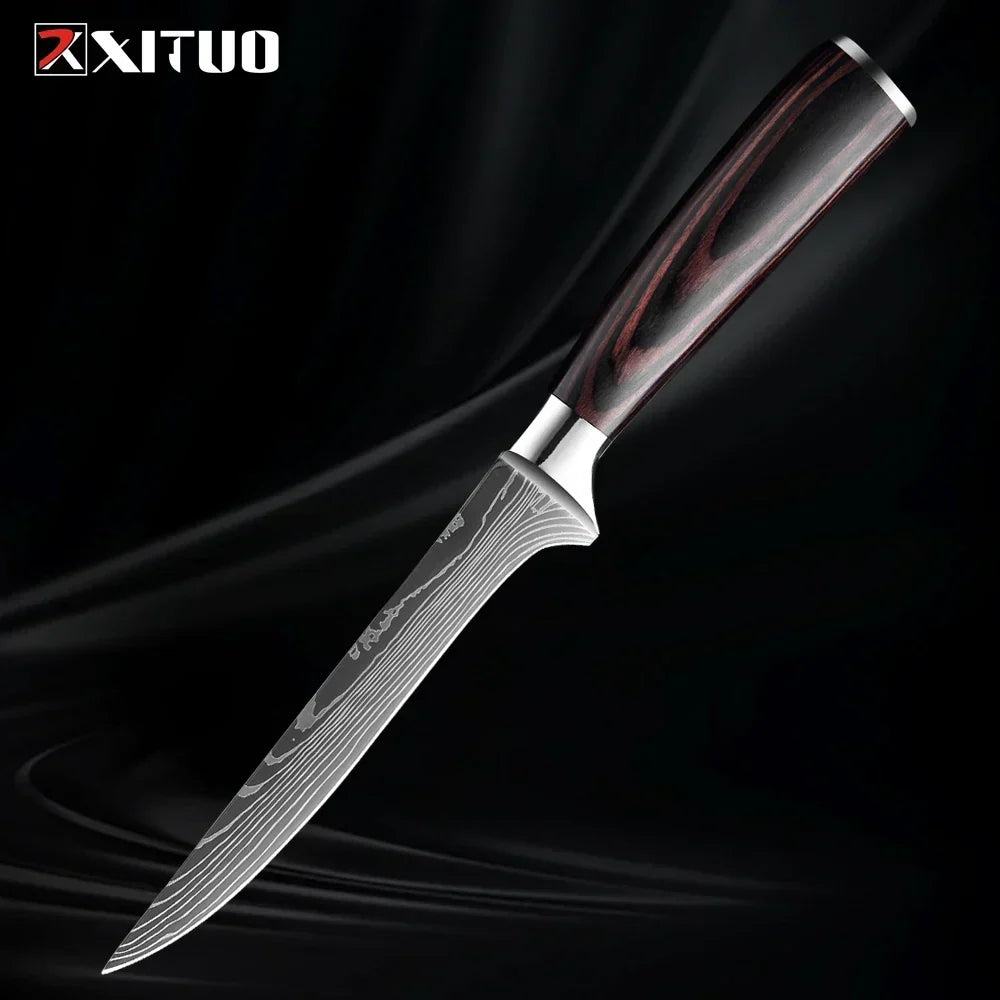 Kitchen Knife Set Forged Stainless Steel Blades Ergonomic Wooden Handles