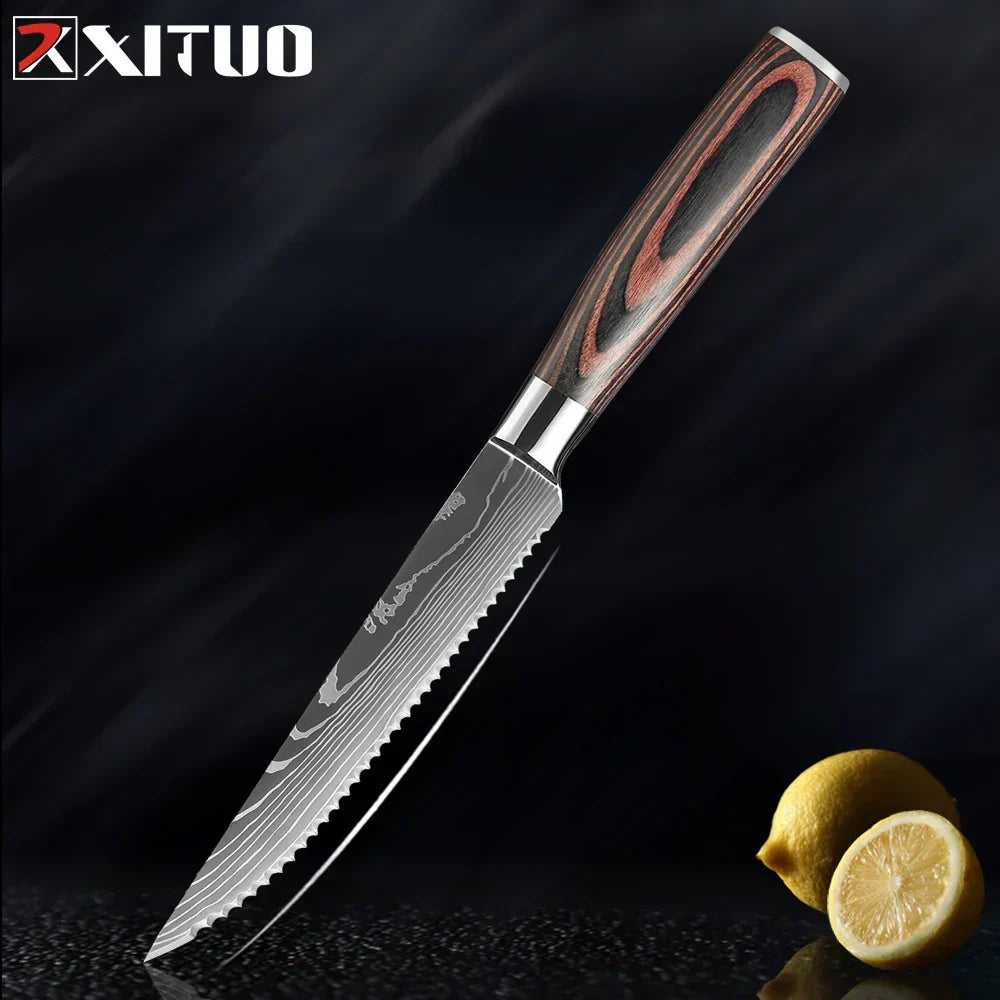 Kitchen Knife Set Forged Stainless Steel Blades Ergonomic Wooden Handles
