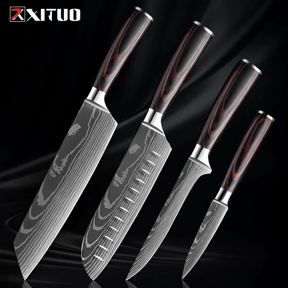 Kitchen Knife Set Forged Stainless Steel Blades Ergonomic Wooden Handles