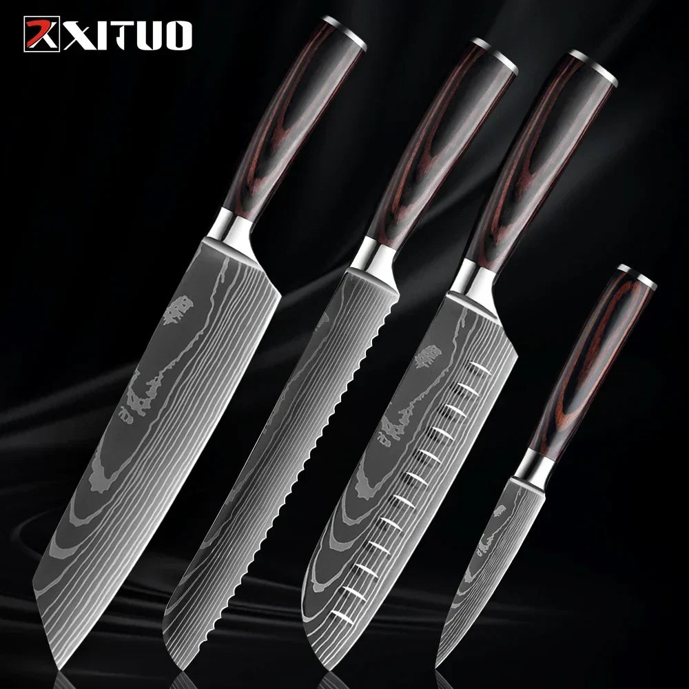 Kitchen Knife Set Forged Stainless Steel Blades Ergonomic Wooden Handles