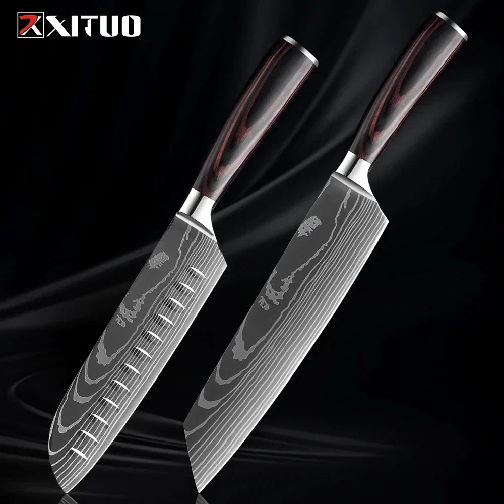 Kitchen Knife Set Forged Stainless Steel Blades Ergonomic Wooden Handles