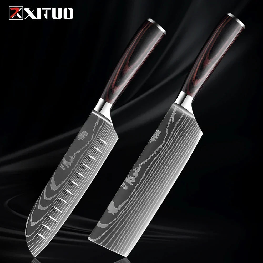 Kitchen Knife Set Forged Stainless Steel Blades Ergonomic Wooden Handles