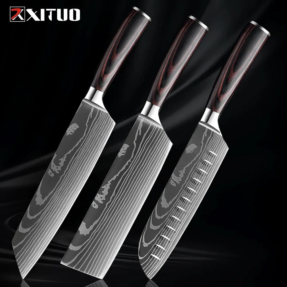 Kitchen Knife Set Forged Stainless Steel Blades Ergonomic Wooden Handles